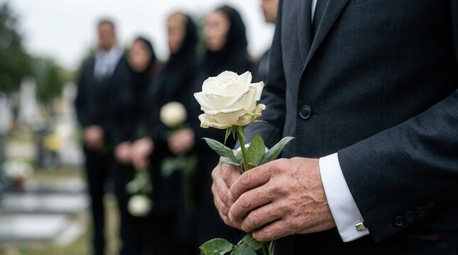 Adult in a suit holding a rose at an outdoor burial in a graveyard cemetery during a funeral service in grief.