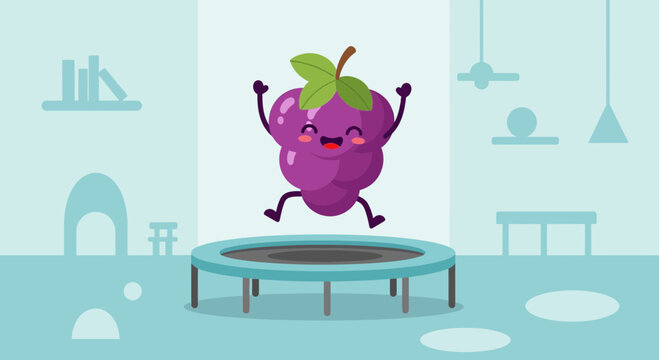 Cute cartoon purple grape character with a smiling face and limbs jumping on a blue trampoline in a minimalist light teal room with flat vector graphic design style.