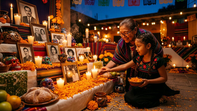 Mexican Grandmother and Granddaughter Lighting Candles at Day of the Dead Ofrenda Altar