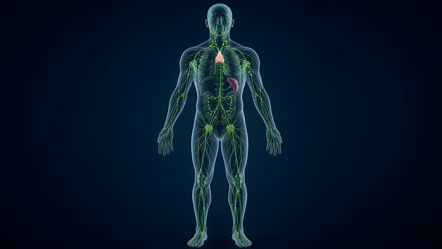 Human lymphatic system digital anatomy visualization featuring internal organs against a dark blue gradient background with anatomical model