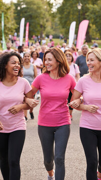 Women walking together in a charity awareness event wearing coordinated pink clothing, community engagement, optimism, and healthy lifestyle, Pink October, Breast Cancer Prevention Campaign