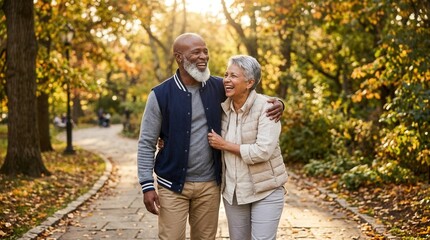 Obraz premium Senior couple enjoying a walk and fitness in nature, showing care, love, and partner support.