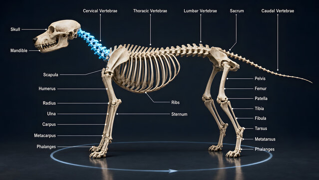 Detailed anatomical diagram showing canine skeletal structure with labeled bones in lateral view profile orientation with displays comprehensive lateral