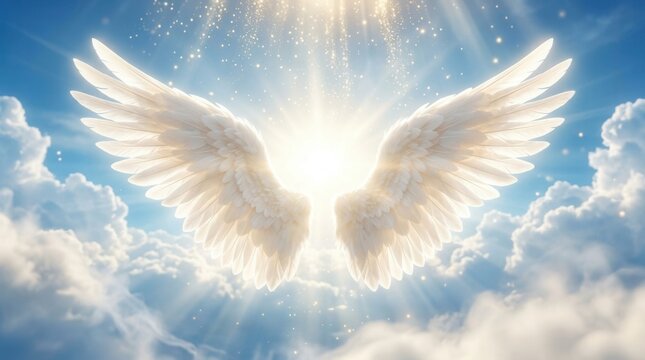Pair of ethereal white angel wings spread open in a heavenly scene with sunlit sky and clouds