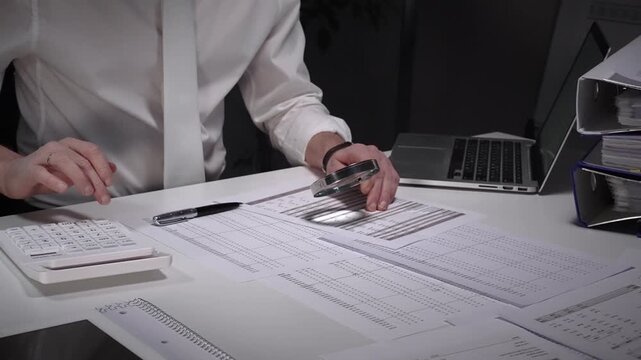 Person working late in an office, meticulously scrutinizing paperwork with a magnifying glass and pen, surrounded by a laptop, calculator, and binders filled with documents