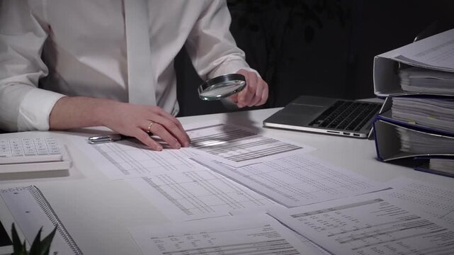 Person working late in an office, meticulously scrutinizing paperwork with a magnifying glass and pen, surrounded by a laptop, calculator, and binders filled with documents