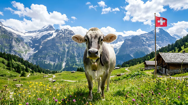 Swiss cow in alpine meadow with mountains and flag in summer landscape