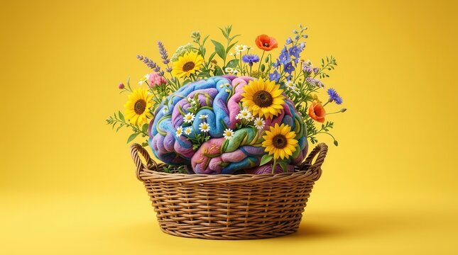 Concept banner of a vibrant mind with a colorful human brain made of diverse wildflowers in a basket.