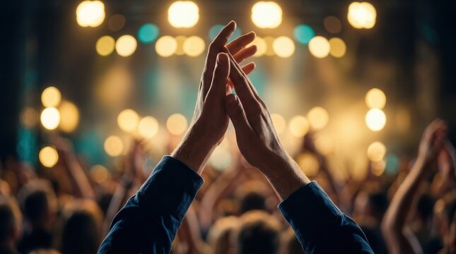 Successful show celebration with an audience applauding and hands clapping in unison under stage lights.