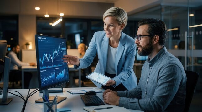 Portfolio management and conversation between employee man and woman at work using computer screen and tablet.
