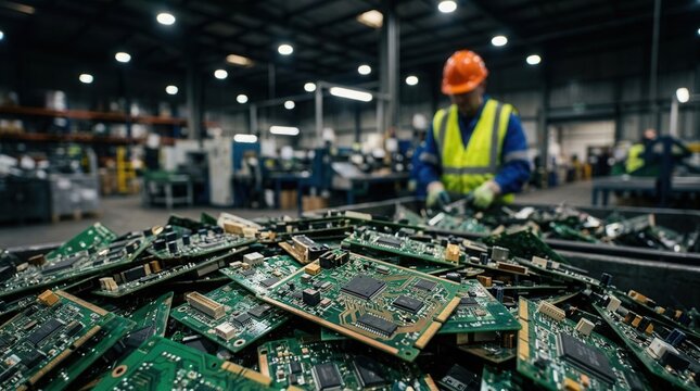 A recycling facility scene with a worker in orange hard hat and yellow vest sorting through a pile of discarded electronic circuit boards for scrap components.