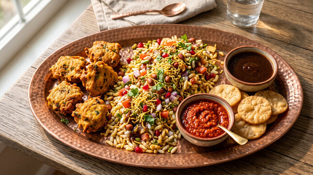 a large copper-toned serving platter arranged with bhel puri, a popular savory Indian street food snack, accompanied by side bowls of red and dark chutneys, crispy crackers (papri), and fried fritters
