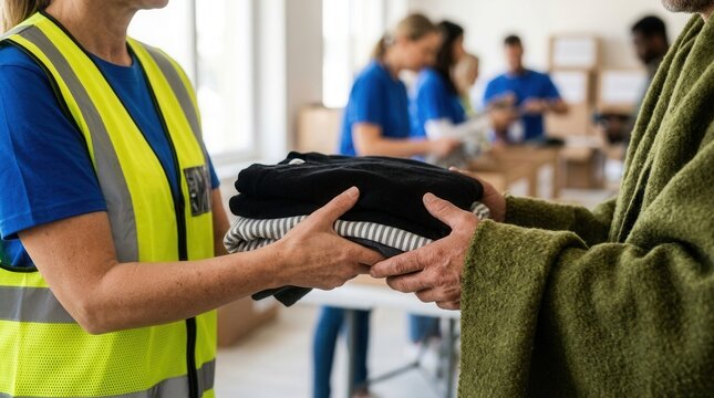 NGO humanitarian aid distribution with a group of people giving winter blankets and clothes for charity support.