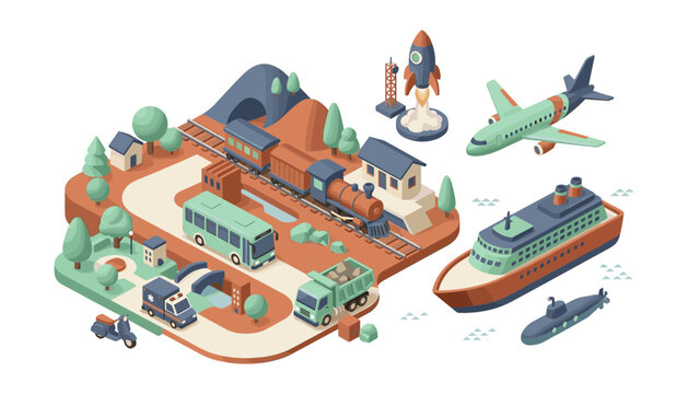 Isometric Public Transport Vector Illustration Set with Train Bus Airplane Cruise Ship Rocket Launcher Ambulance and Construction Dump Truck Vehicle Symbols