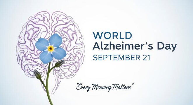 World Alzheimer's Day brain with forget-me-not flower illustration