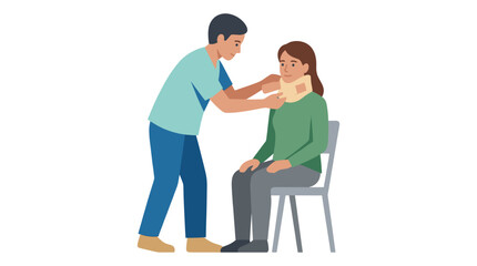 Obraz premium Doctor examining patient wearing medical neck brace in clinic.
