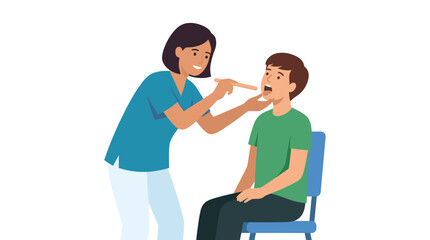 Doctor examining young boy throat in clinic.