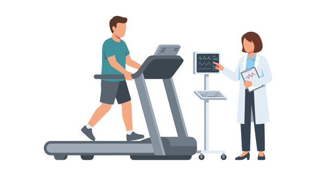 Doctor monitoring man during treadmill stress test.