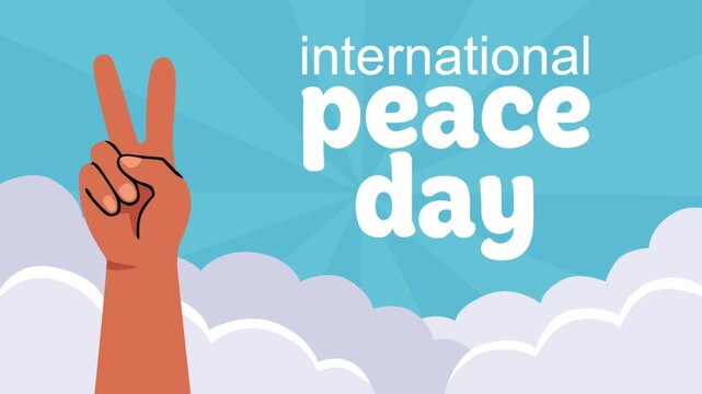 Animated International Peace Day concept featuring a raised peace hand gesture against a bright blue sky with soft clouds and radiant light