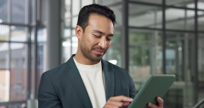 Tablet, smile or man in enterprise for business, risk mitigation or reading insurance report. Happy, broker or person in office with tech, scroll coverage update or claims feedback with policy review