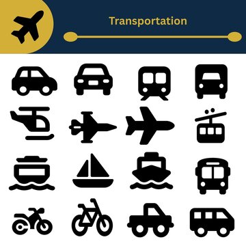 Transportation and Travel Vehicle Icon Set with Cars, Airplanes, Trains, Buses and Boats