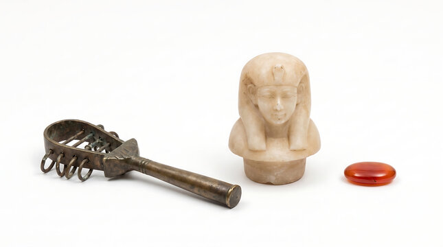 Ancient Egyptian pharaoh head bust alongside a metal sistrum and red gemstone on a clean white background for history education, museum displays, and cultural articles.