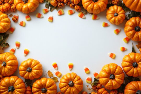 Mini Pumpkins With Candy Corn And Autumn Leaves