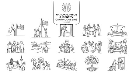 Fototapeta premium National Pride and Identity Continuous Line Illustration Set with Flag Raising Ceremony, Voting Booth Moment, Military Homecoming and Cultural Heritage Celebration, 15 Scenes for Civic and Community 