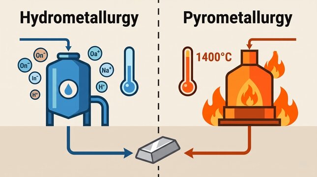 Split-screen graphic contrasting hydrometallurgy and pyrometallurgy, funneling a blue chemical tank and orange furnace into a shared central metal ingot.
