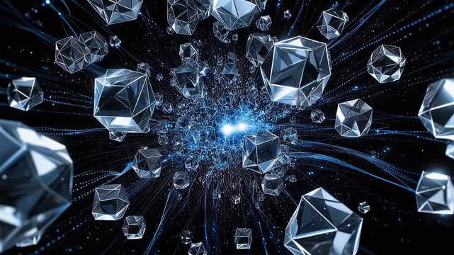 Abstract crystal shapes with light beams in a dark space  