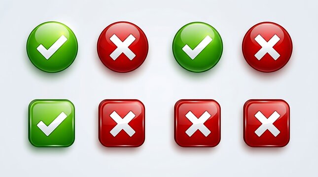 Glossy Checkmark and Cross Sign Icons Collection with Rounded and Square Shapes for Web Interface Design