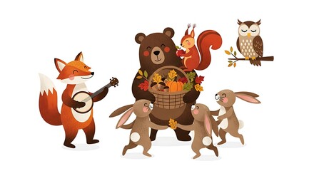 Obraz premium A Cheerful Autumn Woodland Animal Gathering with Music and Harvest Treats