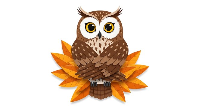Charming Cartoon Owl Nestled Among Vibrant Autumn Leaves on White Background