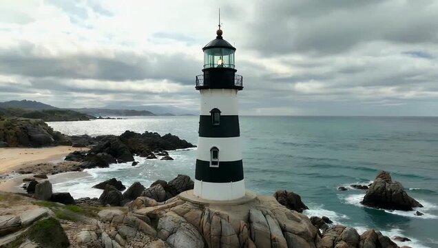 Stunning 4K stock footage featuring the historic La Corbi&egrave;re lighthouse prominently showcasing the surrounding rugged rocky coastal landscape and sparsely populated shoreline that characterizes the