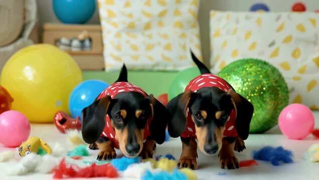 Adorable 4K indoor pet b-roll featuring a pair of mischievous dachshund puppies dressed in colorful sweaters sitting amidst scattered toy fluff in a messy playroom