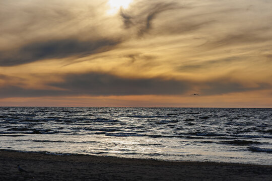 Sunset over the Baltic Sea from Majori beach in Jurmala, Latvia