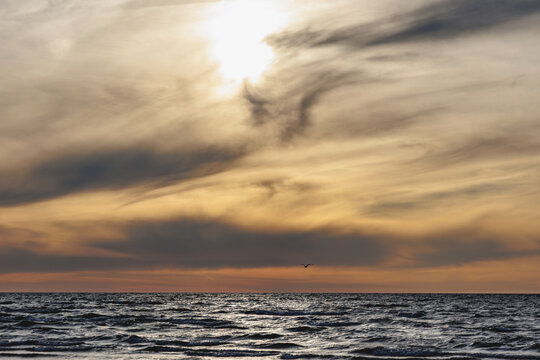 Sunset over the Baltic Sea from Majori beach in Jurmala, Latvia