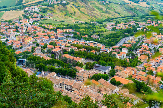 Republic of San Marino top view on the tiled roofs of the old town. Architecture nature.