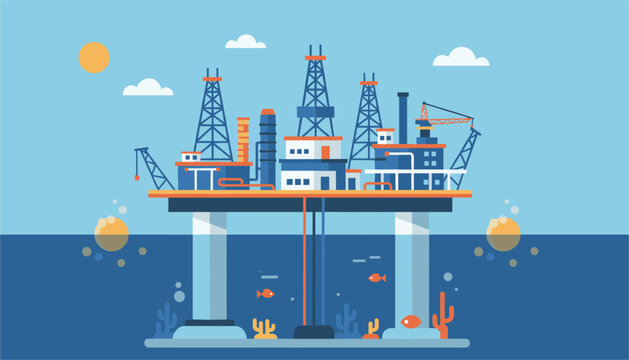 Offshore oil drilling rig platform extracting resources in the middle of a calm blue ocean under a sunny sky.
