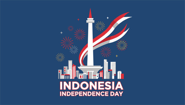 Indonesia Independence Day celebration poster featuring the Monas national monument, red-white flag, and fireworks over the city.