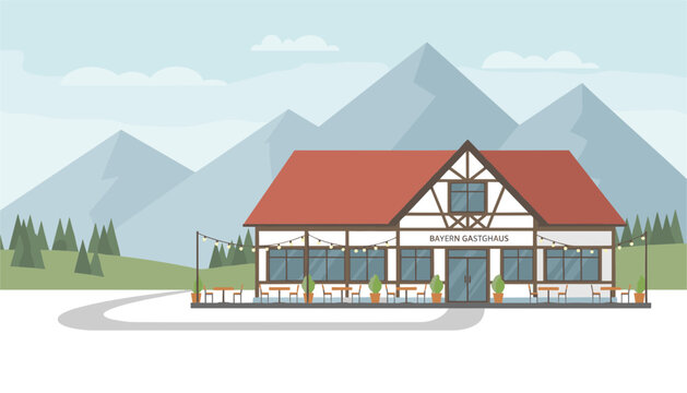 Charming alpine guesthouse and restaurant Bayern Gasthaus with a scenic background of majestic mountain peaks.