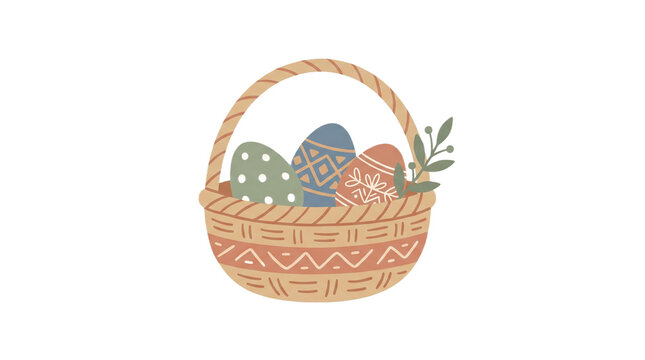 Hand drawn illustration of an Easter basket filled with decorated colorful eggs and a small green branch.