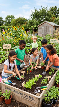 Multicultural group of children planting vegetables in a community garden, learning about nature and sustainability, gardening tools and seedlings, cheerful educational atmosphere, Children's Day