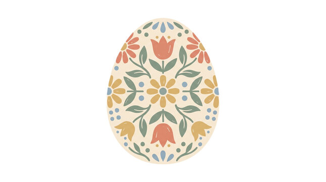 Decorative Easter egg illustration with folk art style floral patterns and soft pastel colors.