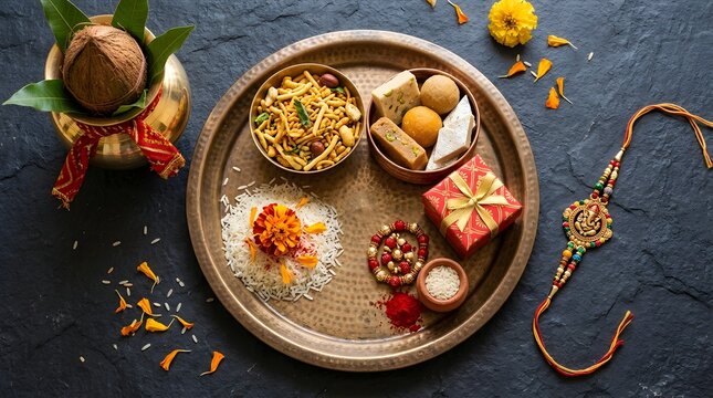 Raksha bandhan puja thali with sweets, rakhi, coconut, and gift box on dark stone background