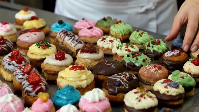 An array of gourmet eclairs and delicate French pastries glazed with rich cream and berries highlighting indulgence for bakery promotions and sweet catering ads