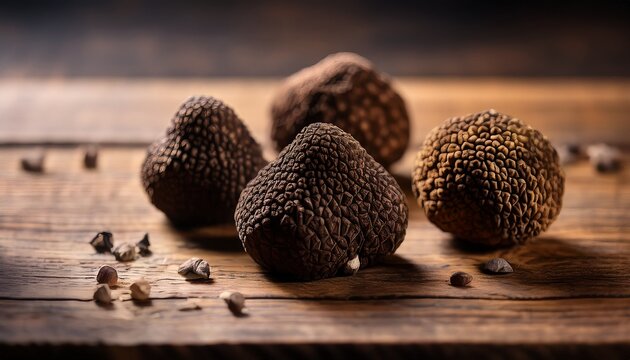 truffle luxury gourmet ingredient fresh truffles arranged on rustic wooden surface showcasing their unique shapes and textures in natural lighting