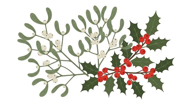 Traditional Christmas Holiday Festive Decoration with Mistletoe and Holly Berries