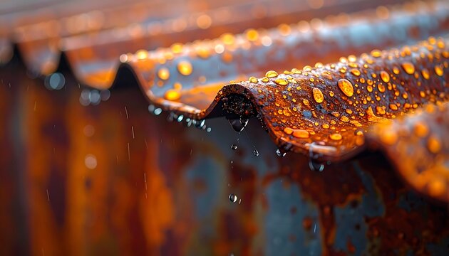 Water Droplets Dripping from Rusty Corrugated Roof in Golden Light