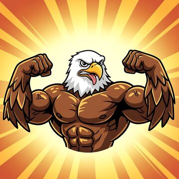 Powerful Muscular Cartoon Eagle Flexing Biceps with Fierce Determination